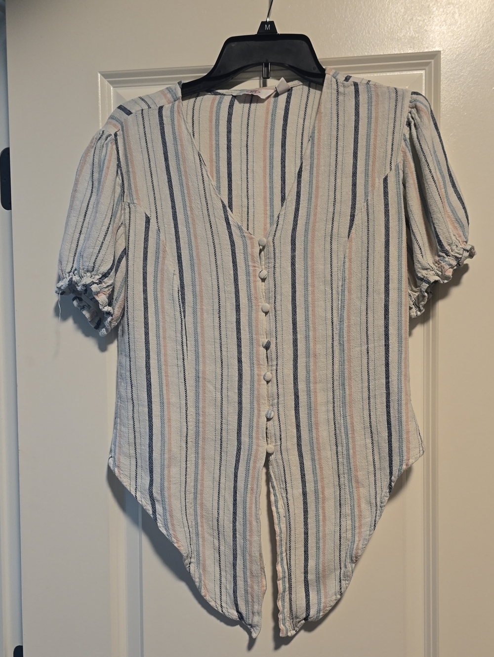 Striped Button-Front V-Neck Blouse - Cream, Blue & Pink